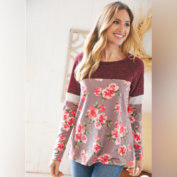 Burgundy Floral Color Block Top - Picture 2 of 7